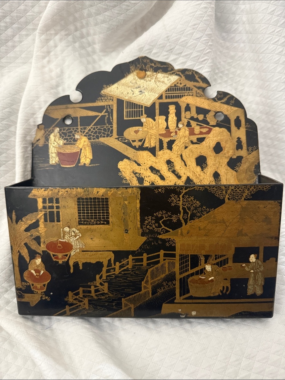 Antique 19th Century Chinoiserie Black Lacquer Wall Pocket Letter Rack